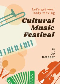 Cultural music festival poster template, retro instrument design psd