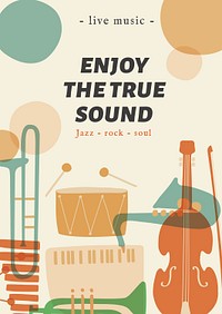 Music festival template, ad poster with retro instrument design psd