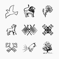 Ancient icon sticker, beautiful medieval art in black vector set