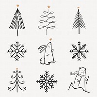 Christmas doodle sticker, cute tree and animal illustration in black psd collection