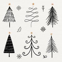 Christmas doodle sticker, cute tree and animal illustration in black vector set