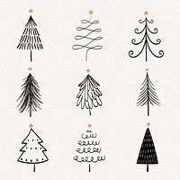 Christmas doodle sticker, cute tree and animal illustration in black psd collection