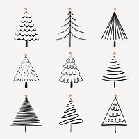 Christmas doodle sticker, cute tree and animal illustration in black psd collection