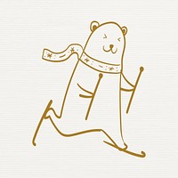 Polar bear sticker, cute snowboarding animal Christmas doodle in gold psd