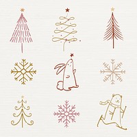 Christmas doodle sticker, cute tree and animal illustration psd set