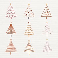 Christmas doodle sticker, cute tree and animal illustration psd set