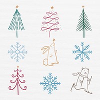 Christmas doodle sticker, cute tree and animal illustration in red and green vector set