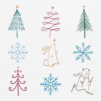 Christmas doodle sticker, cute tree and animal illustration in red and green psd collection