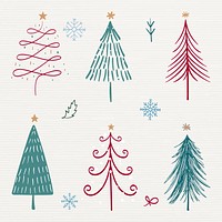 Christmas doodle sticker, cute tree and animal illustration in red and green vector set