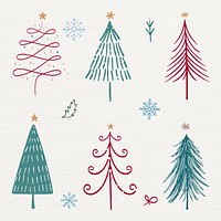 Christmas doodle sticker, cute tree and animal illustration in red and green psd collection