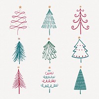 Christmas doodle sticker, cute tree and animal illustration in red and green psd collection