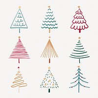 Christmas doodle sticker, cute tree and animal illustration in red and green vector set