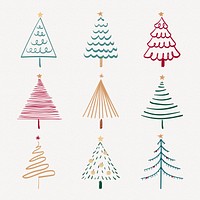 Christmas doodle sticker, cute tree and animal illustration in red and green psd collection