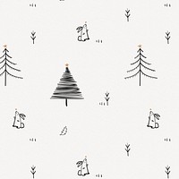 Christmas pattern background, cute winter bunny doodle in black psd