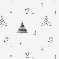 Christmas pattern background, cute winter bunny doodle in black vector