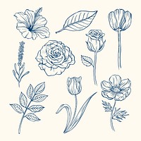 Vintage flower sticker, blue botanical illustration vector set