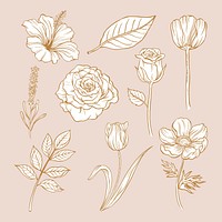 Vintage flower sticker, brown botanical illustration vector set