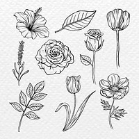 Vintage flower sticker, black botanical illustration vector set