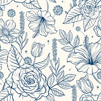 Vintage rose pattern background, blue botanical illustration psd