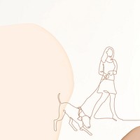 Minimal feminine background, cream simple design, woman walking a dog illustration psd