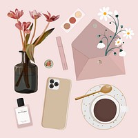 Aesthetic influencer lifestyle sticker, feminine illustration vector collection