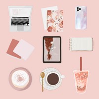 Beauty blogger essentials sticker, pink feminine illustration psd set