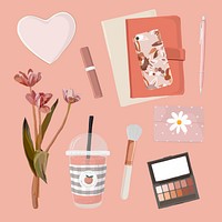 Beauty blogger essentials clipart, pink feminine illustration psd set