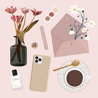 Aesthetic influencer lifestyle sticker, feminine illustration psd collection