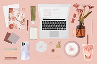 Beauty blogger essentials sticker, pink feminine illustration psd set