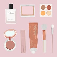 Makeup set sticker, beauty products illustration psd collection