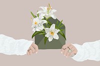 Lily flower background, aesthetic illustration with women&rsquo;s hands psd