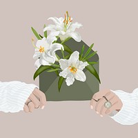 Lily flower background, aesthetic illustration with women’s hands vector