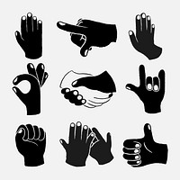 Cute hands sticker set, black and white psd doodle