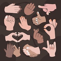 Hand gestures sticker set, psd diverse skin tone people