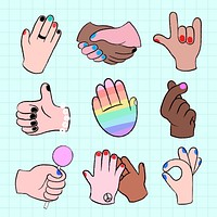 Hand gestures sticker set, diverse LGBTQ people vector