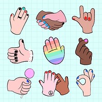 Hand gestures sticker set, psd diverse LGBTQ people