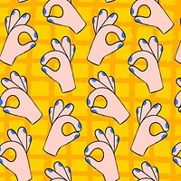 Cute ok hand background, gesture pattern in doodle design vector