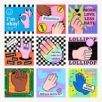 Colorful funky Instagram post template, cute hand doodle vector set