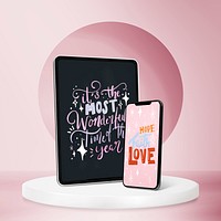 Holiday digital device mockup psd, pink product backdrop