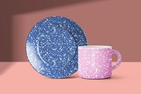 Plate and cup mockup with blue and pink terrazzo patterns editable psd 