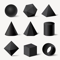 3D rendered geometrical shapes, black elements minimalist vector set
