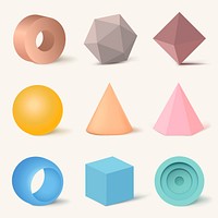 3D rendered geometrical shapes, pastel elements minimalist psd set