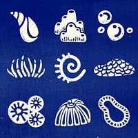 Sea life sticker, marine life collage element psd set in blue