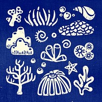 Underwater coral sticker, marine life psd set on blue background