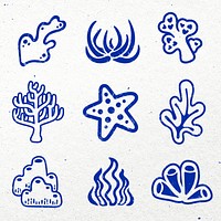 Underwater coral sticker, marine life psd set in blue