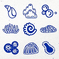 Sea life sticker, marine life collage element psd set in blue