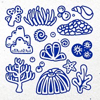 Underwater coral sticker, marine life vector set in blue