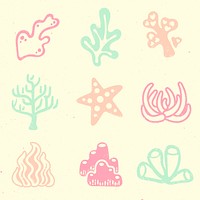 Sea life sticker, coral collage element psd in colorful pastel colors set
