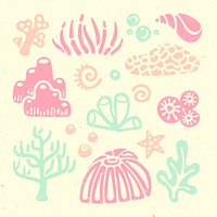 Sea life sticker, marine life collage element psd in colorful pastel colors set