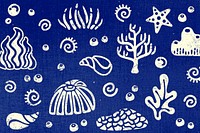 Blue coral background, cute ocean & marine life illustration